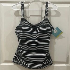Bal Harbor Ring Tankini Top Women's Black & White Striped Medium New with Tag